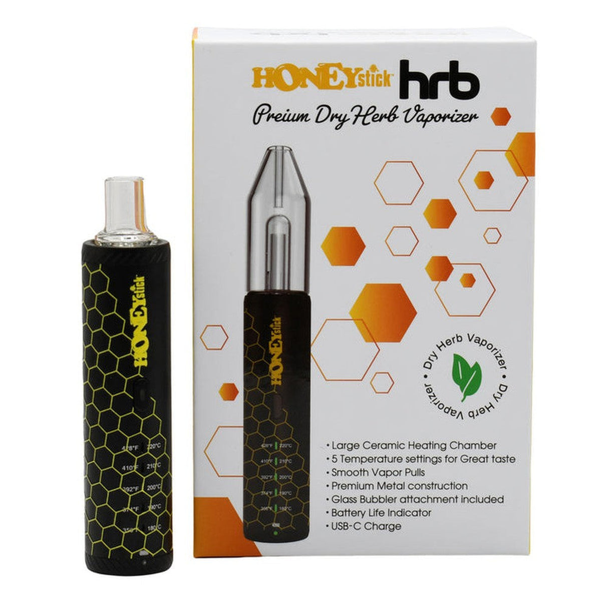 HRB Premium Dry Herb Vaporizer box showcasing the device and logo, with visible vaporizer and accessories like glass mouthpiece and USB-C cable.