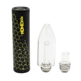 HRB Premium Dry Herb Vaporizer with a clear glass mouthpiece and a water bubbler, designed for customizable vaping experiences with precision temperature control.