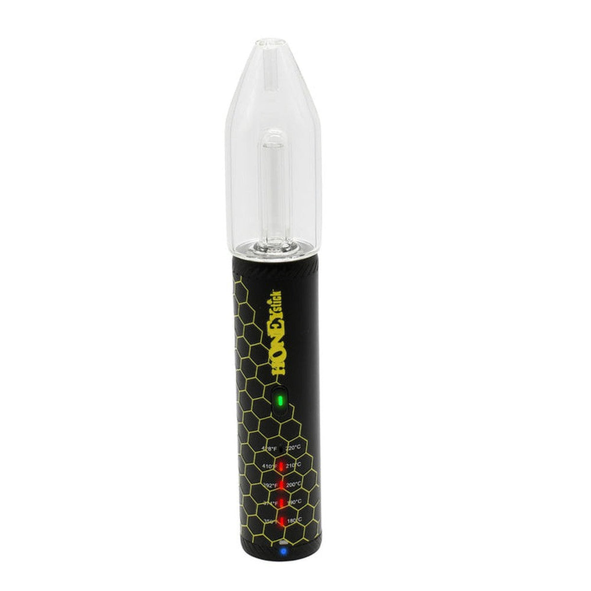 HRB Premium Dry Herb Vaporizer featuring a sleek black device with a clear tube, accompanied by a black can with yellow text.