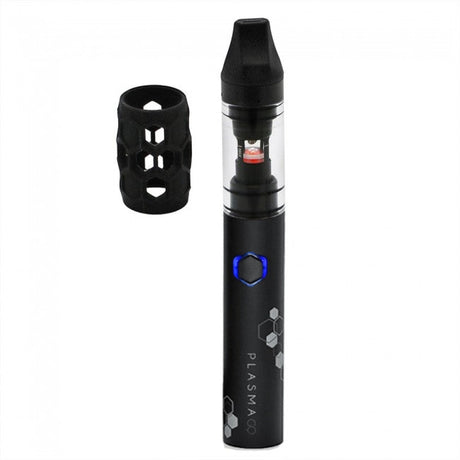 Plasma GQ 2.0 Wax Vape Pen featuring a black cap and clear body, designed for optimal concentrate vaporization with proprietary heating in a glass bowl.