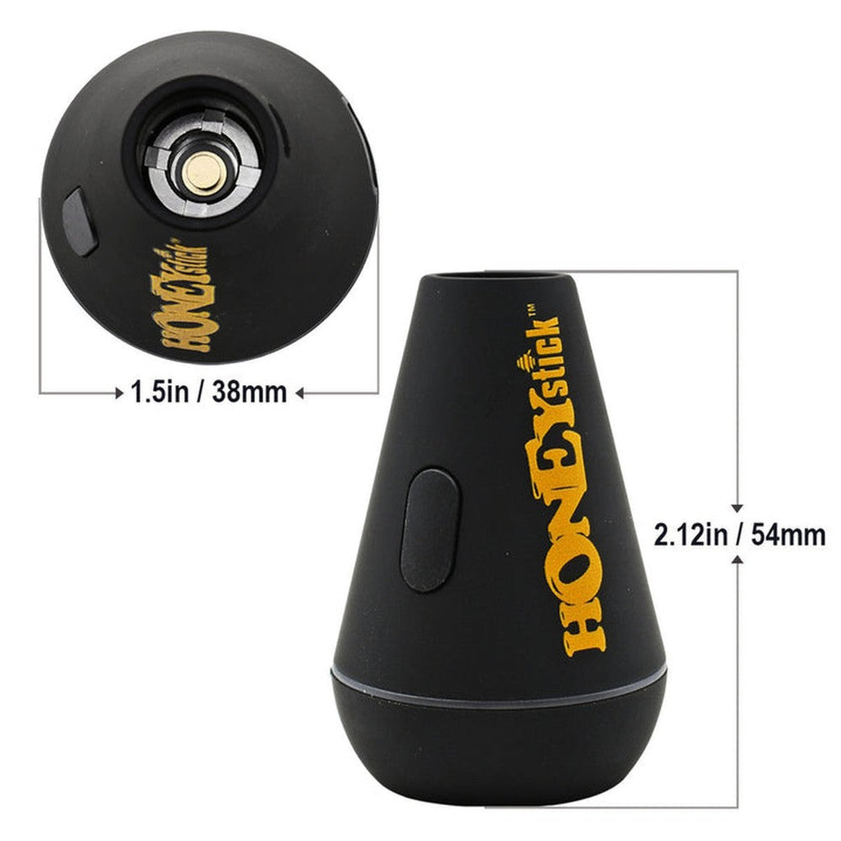 Pyramid 510 Thread Battery by HoneyStick, featuring a compact, black cylindrical design with yellow text, button control, and innovative functionality for vaping enthusiasts.