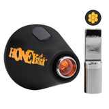 HoneyStick Pyramid 510 Thread Battery, a compact, round vape battery with a unique design, featuring a metal tube and yellow logo, ideal for cartridges.