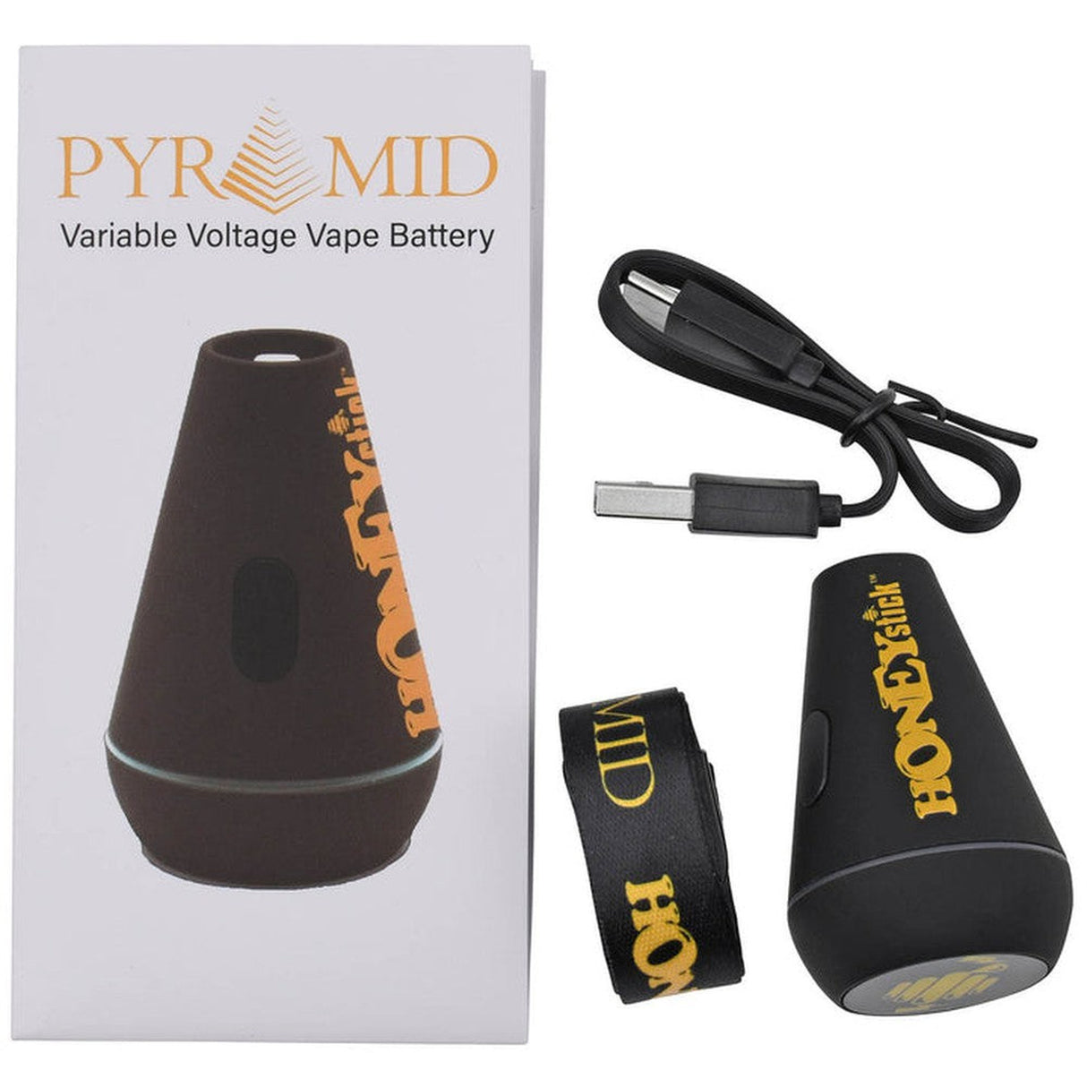 Pyramid 510 Thread Battery with black cone shape, USB Type-C charging cable, and HoneyStick lanyard, designed for versatile and stylish vaping.