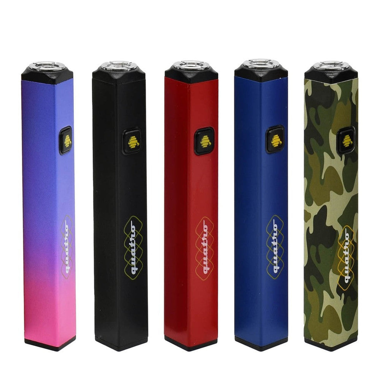 Quatro 510 Thread Battery by HoneyStick, featuring a cube shape for stability, visible in multiple finishes, ideal for stylish, reliable vaping.