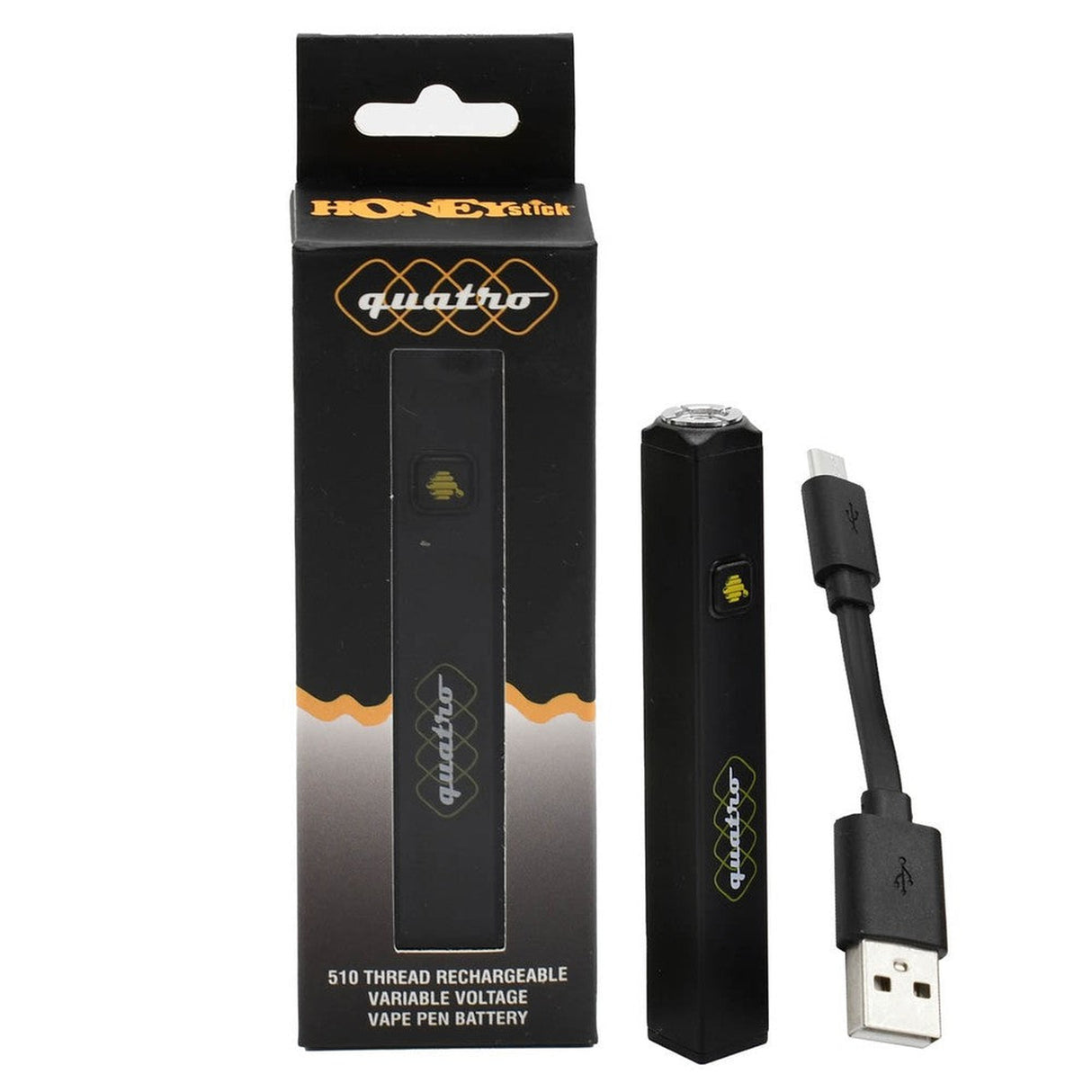 Quatro 510 Thread Battery by HoneyStick, a sleek black electronic device with a USB cable, showcasing a unique cube design for stability and comfort.