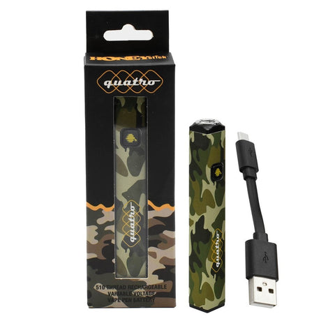 Quatro 510 Thread Battery in camo design with USB cable, showcasing its cube shape for stability and stylish functionality for vaping enthusiasts.