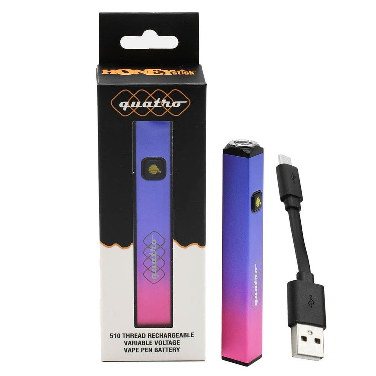 Quatro 510 Thread Battery shown with a cube shape, USB cable, and rechargeable battery, emphasizing stability and functionality for vaping enthusiasts.