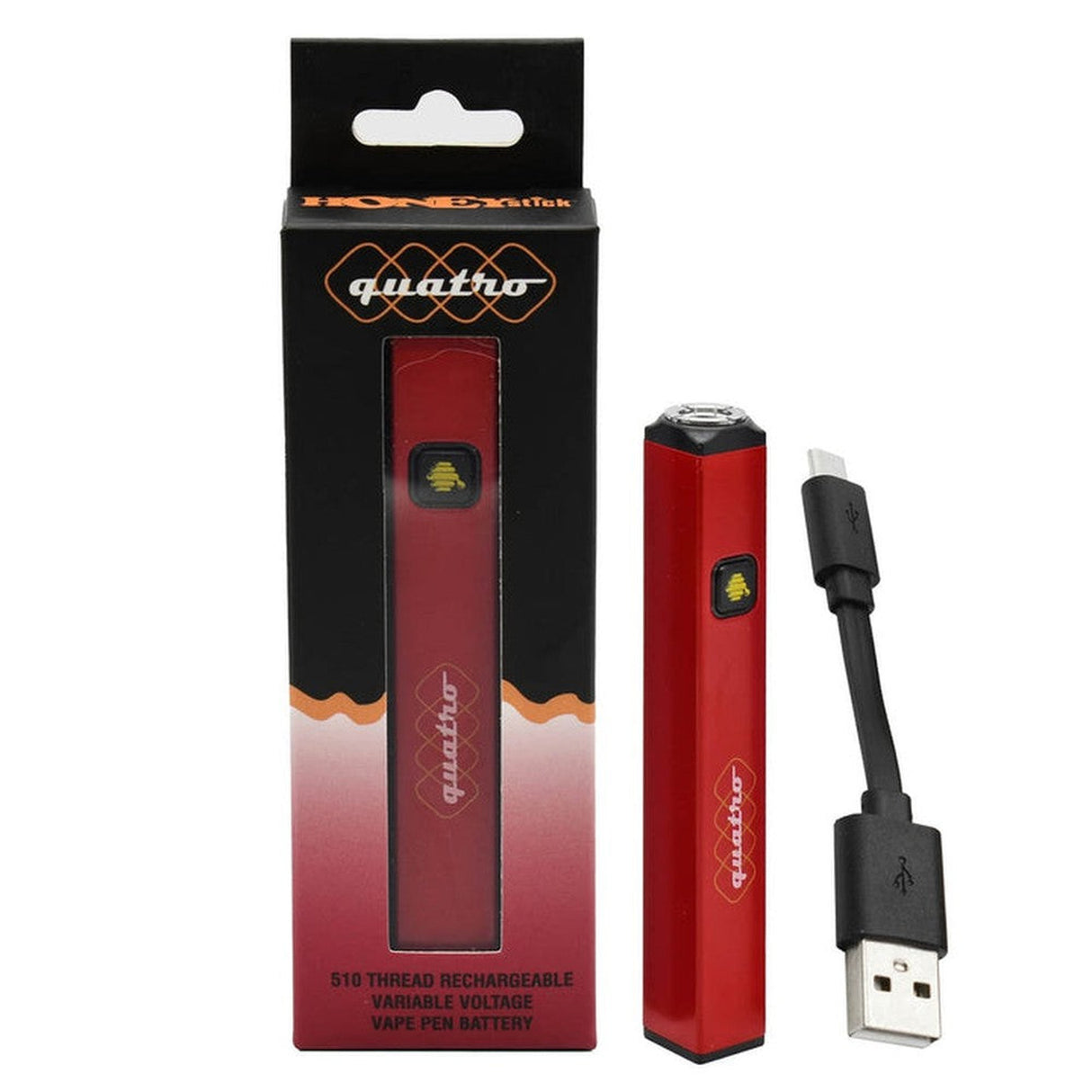 Quatro 510 Thread Battery, red rectangular device, USB cable included; cube shape for stability and grip, ideal for enhanced vaping experience.