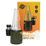 Ripper Electric Dab Rig with full-sized glass water bubbler, black and yellow honeycomb pattern, and dual-purpose design for dabs and dry herbs.