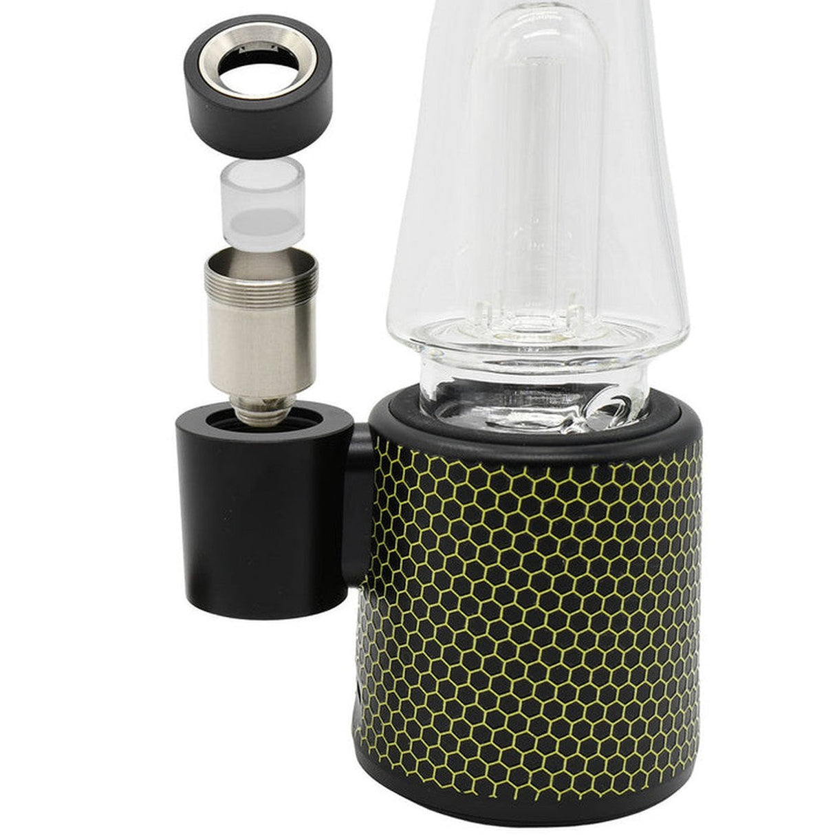 Close-up of the Ripper Electric Dab Rig featuring a black and yellow honeycomb design, full-sized glass water bubbler, and sleek metal components.