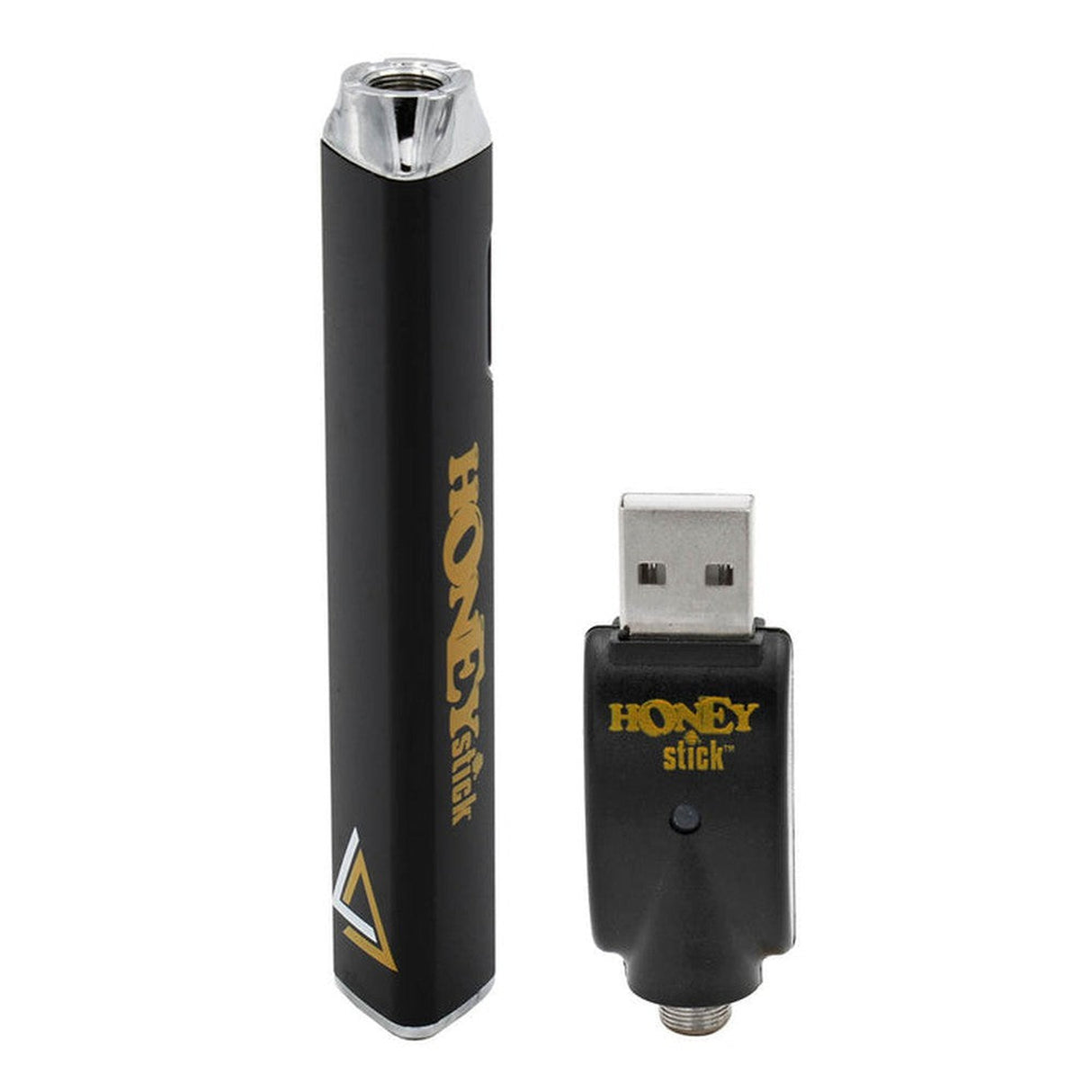 Trigon 510 Thread Battery, a black triangular device, features a USB stick for charging and customizable settings, designed for optimal performance and user convenience.