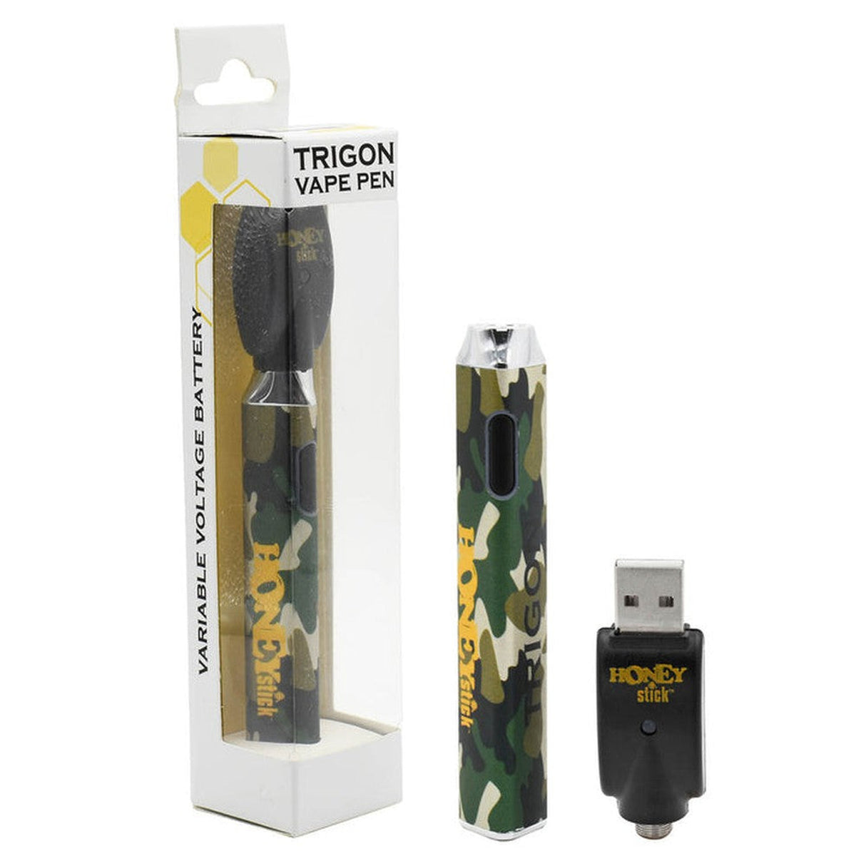 Close-up of the Trigon 510 Thread Battery, showcasing its unique triangular design and compact form, emphasizing its innovative and functional structure for vaping.