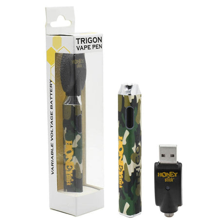 Close-up of the Trigon 510 Thread Battery, showcasing its unique triangular design and compact form, emphasizing its innovative and functional structure for vaping.