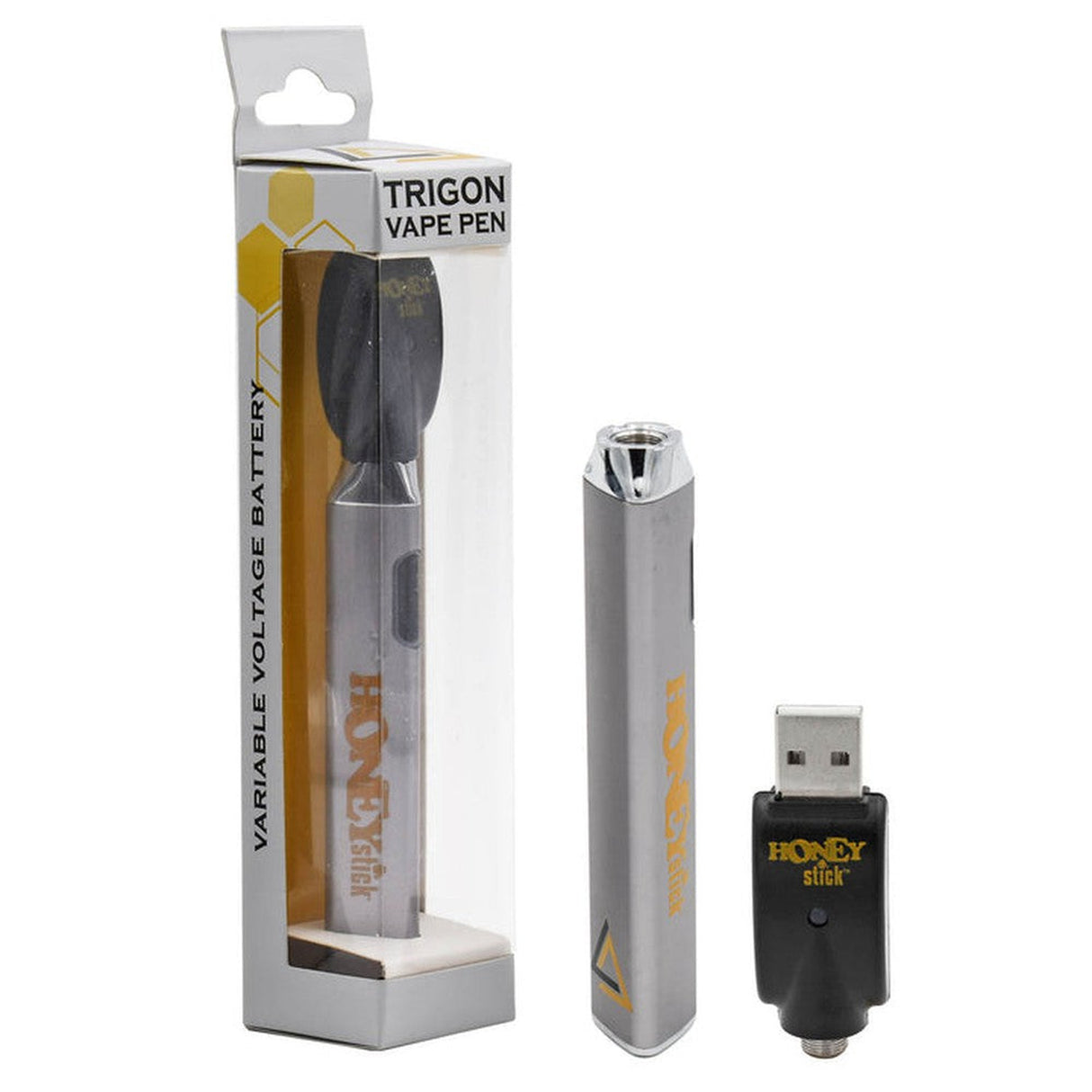 Trigon 510 Thread Battery close-up, featuring unique triangular design, yellow text, and compact build. Ideal for extended vaping sessions with customizable settings.