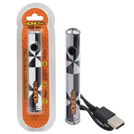 Twist 510 Thread Battery Push-Button & AutoDraw, packaged. Ideal for vapers, featuring dual activation, variable voltage, and USB-C rapid charging, 15 units included.