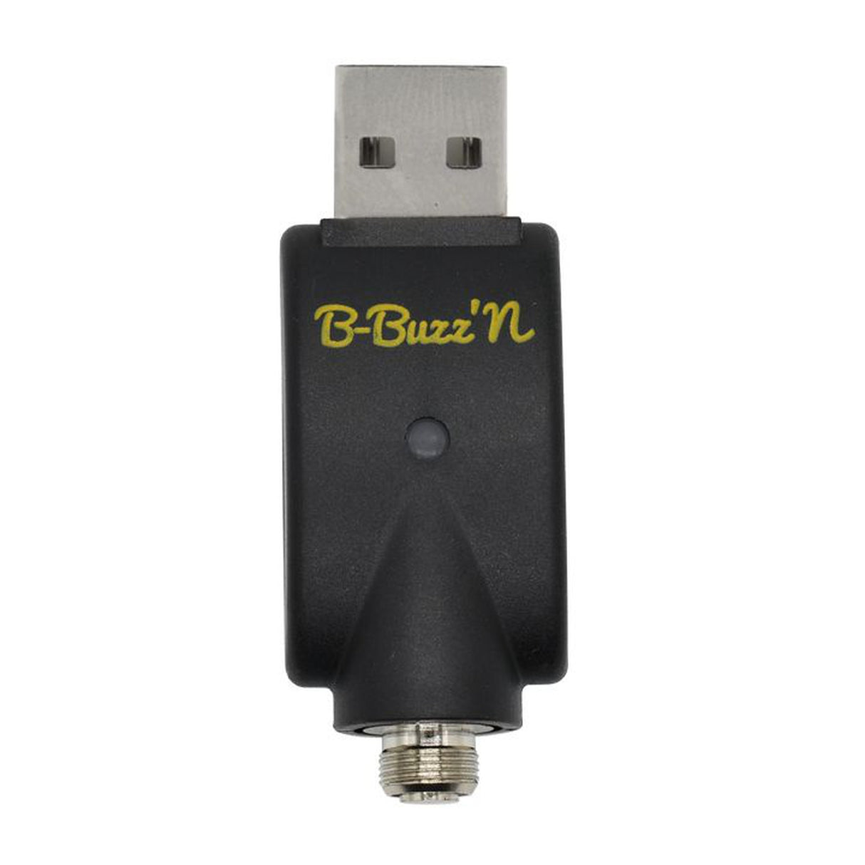 USB Charger - Pack of 30: A close-up of a black USB adapter for 510 thread vape pen batteries, featuring yellow writing, ideal for replacement or upsell.