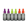 Glass Concentrates Jar Droppers - 30 ml - 6 pack, featuring frosted glass bottles with color-coded caps and chalkboard labels for easy organization and storage.