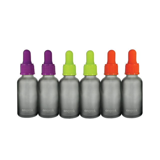 Glass Concentrates Jar Droppers - 30 ml - 6 pack, featuring frosted glass bottles with color-coded caps and chalkboard labels for easy organization and storage.