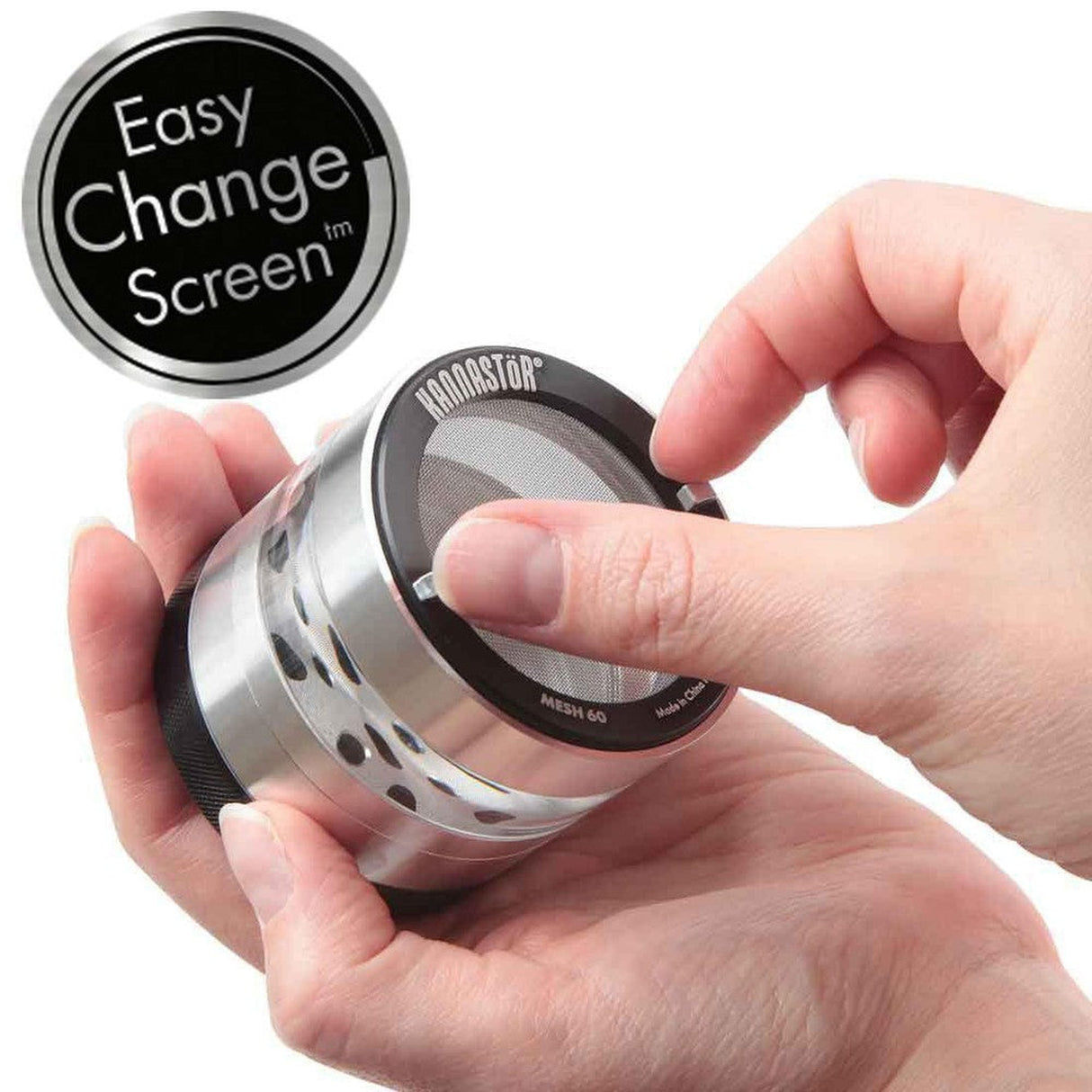 Person holding a 4pcs Aluminum 2.2 GR8TR Jar Body Grinder, showcasing its compact design, secure magnetic lid, and transparent storage chamber for easy herb monitoring.