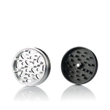 4pcs Aluminum 2.2 Solid Body Grinder - Silver with Black Top, featuring a circular design with multiple holes and a sturdy build for efficient herb grinding.