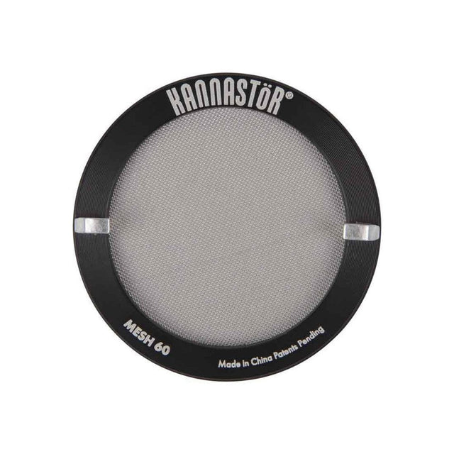 Grinder Screen - 60 Mesh Stainless Steel with black round design and silver accents, featuring a customizable mesh for precise grinding and pollen sifting.