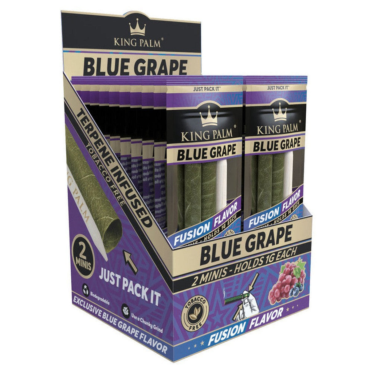 Mini Pre Rolled Cones - 2 pack - 20 units - Blue Grape Flavoured displayed, highlighting terpene-infused flavor capsules for a unique smoking experience.