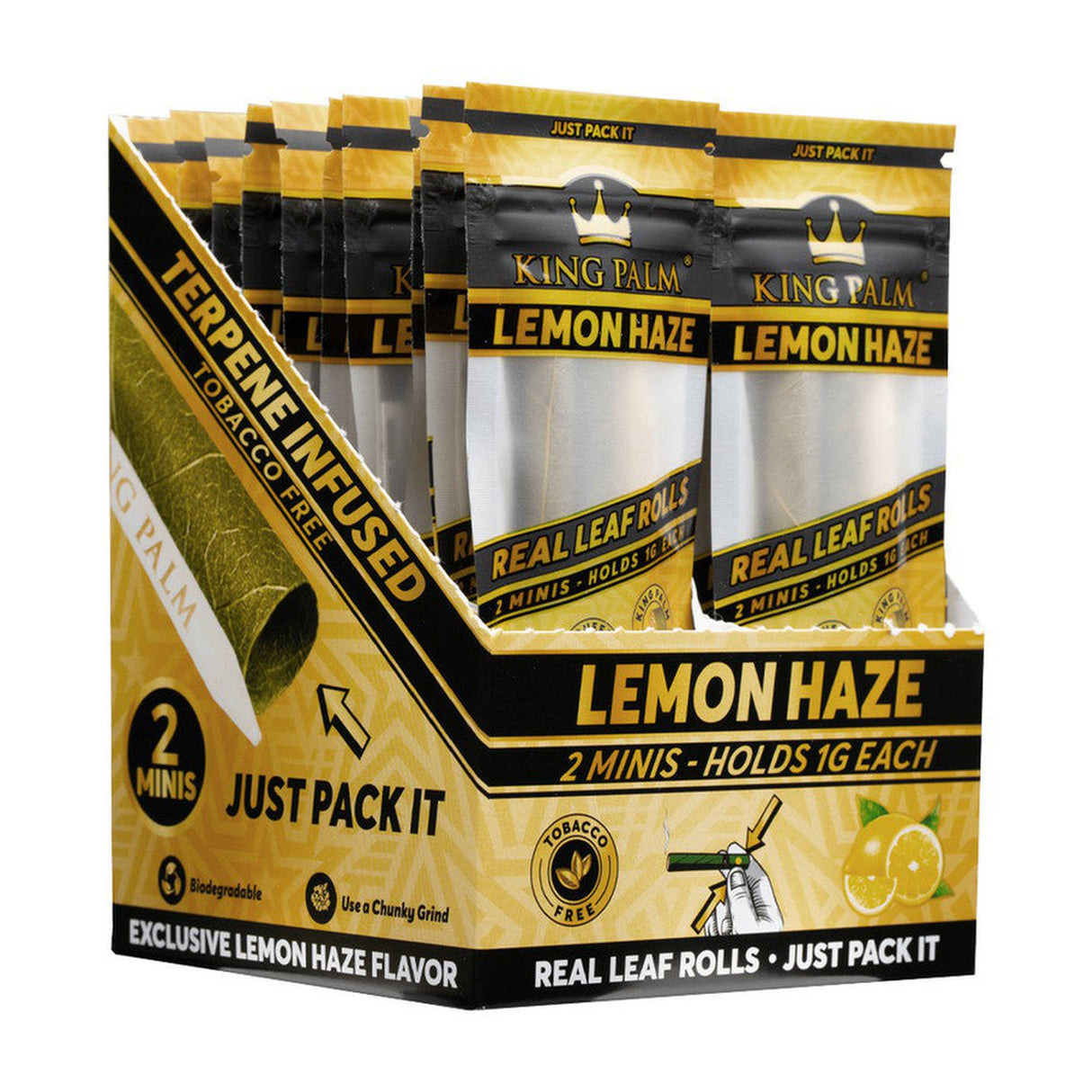 Mini Pre Rolled Cones - 2 pack - 20 units - Lemon Haze Flavoured, featuring packaging with lemon imagery, highlighting terpene-filled flavor capsules for enhanced smoking experience.