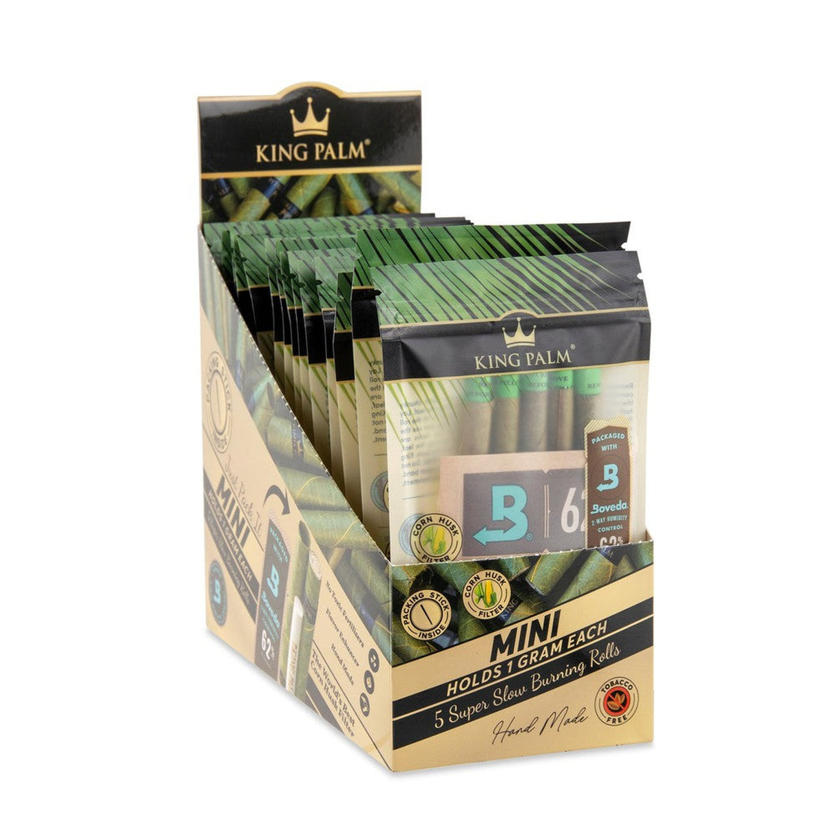 Mini Pre-Rolled Cones (5 pack) - Carton of 15, featuring neatly packed pre-rolled cones made from Cordia leaves, with a visible logo crown on the packaging.