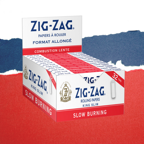 King Size White Rolling Paper & Tips package, featuring Zig-Zag branding. Includes ultra-thin glue line for a perfect seal, enhancing the smoking experience.