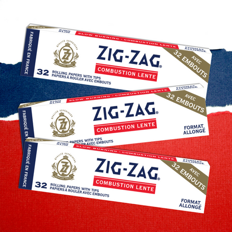 King Size White Rolling Paper & Tips, showcasing Zig-Zag® logo. Features include ultra-thin glue line and natural fibers, enhancing smoking experience with reliable sealing and added tips.