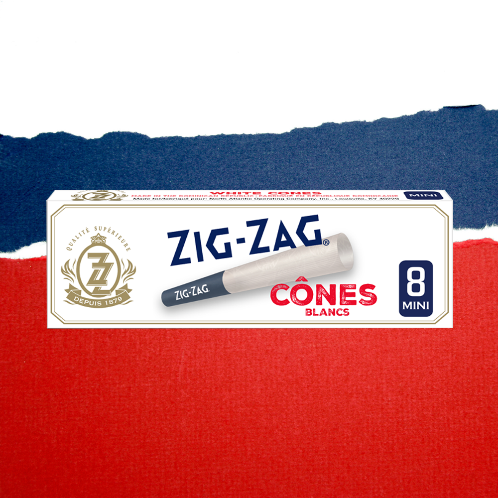 Pre-Rolled White Mini Cones - Carton of 24, featuring a branded tip and crush-proof slide box, 70MM size, with 8 cones per pack.