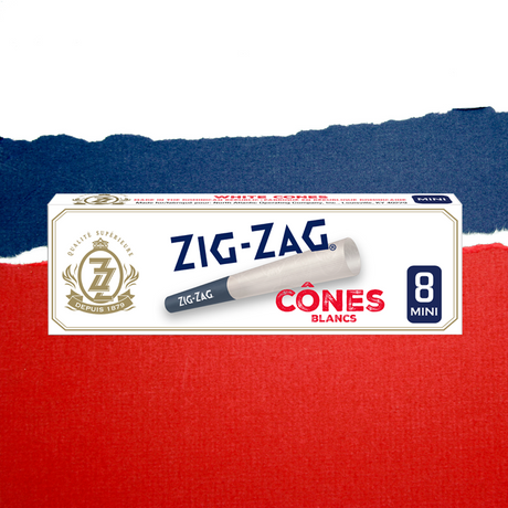 Pre-Rolled White Mini Cones - Carton of 24, featuring a branded tip and crush-proof slide box, 70MM size, with 8 cones per pack.