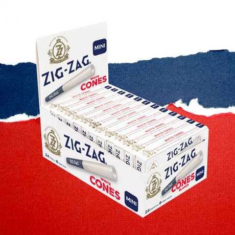 Pre-Rolled White Mini Cones - Carton of 24, featuring branded tips and crush-proof, pocket-friendly slide box. Contains 8 cones per pack, 24 packs per carton.