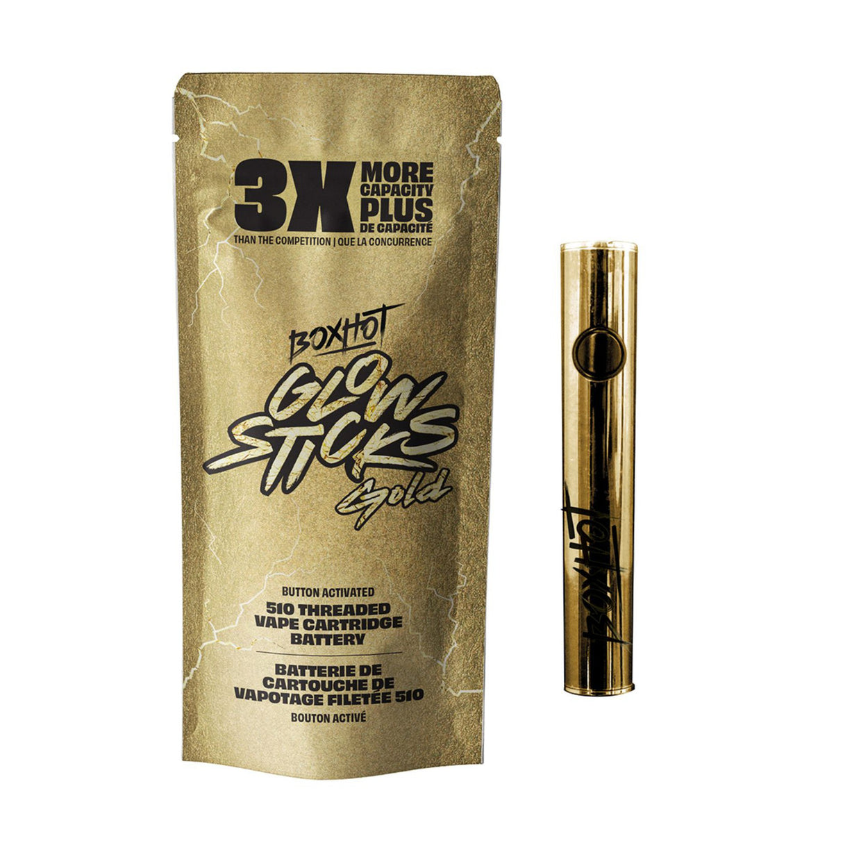 Box Hot Glow Stick 510 Battery, featuring a gold package, adjustable voltage, preheat function, and micro-USB charger for 510 threaded vapes; 12 units included.