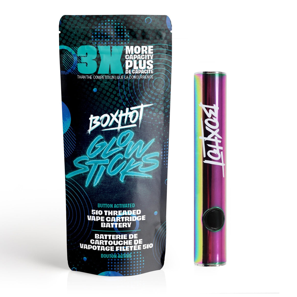 Close-up of Box Hot Glow Stick 510 Battery, highlighting the device and packaging. Features include variable voltage, preheat function, and micro-USB charger compatibility with 510 threaded vapes.