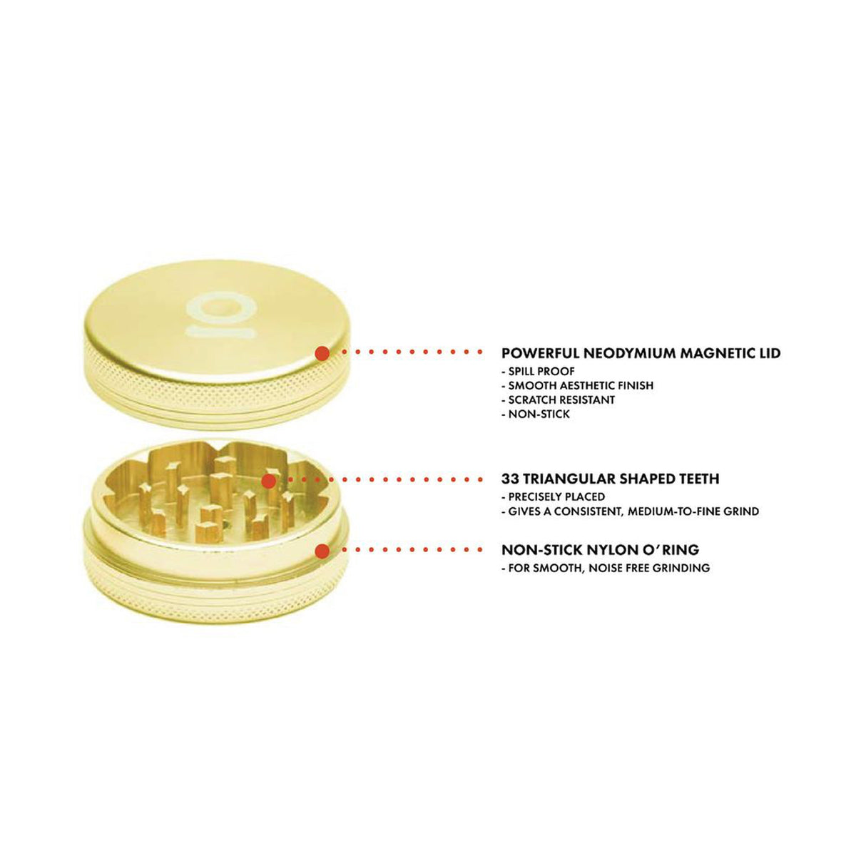 2pcs Metal 2 Magnetic Grinder with gold finish, featuring precision-engineered triangular teeth for efficient herb grinding. Ideal for portability and durability.