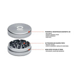 2pcs Metal 2 Magnetic Grinder with open lid, featuring sharp triangular teeth for efficient grinding. Made from durable aircraft-grade aluminum for portability and performance.