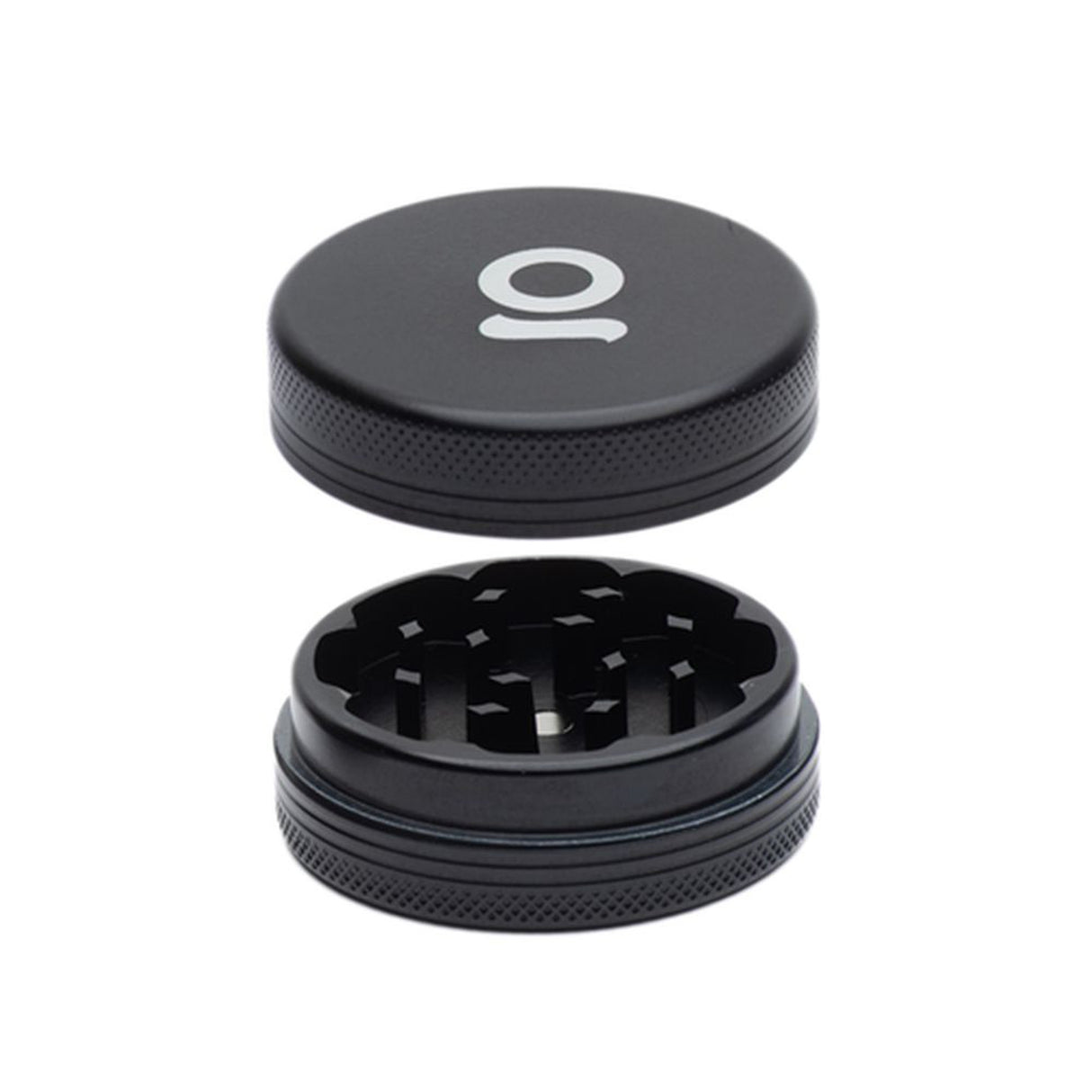 ONGROK 2pcs Metal 2 Magnetic Grinder, featuring a black circular design with a white logo and precision-engineered teeth for efficient herb grinding.