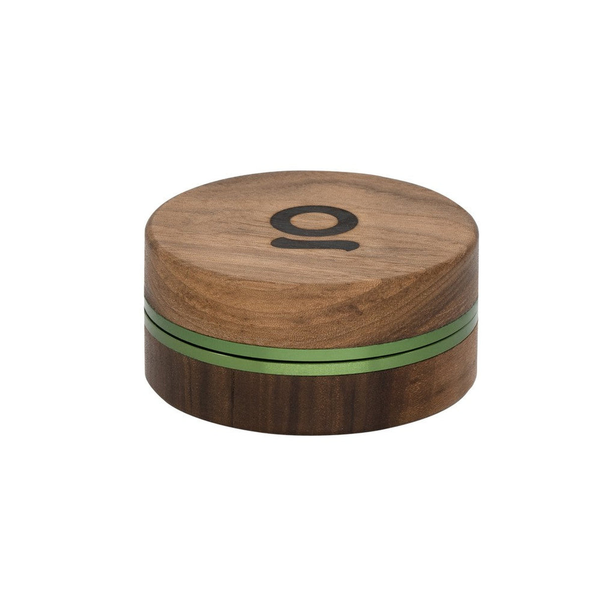 2pcs Metal 3 Magnetic Grinder, featuring a round wooden box with a green stripe, showcasing the grinder's sleek design and portability.