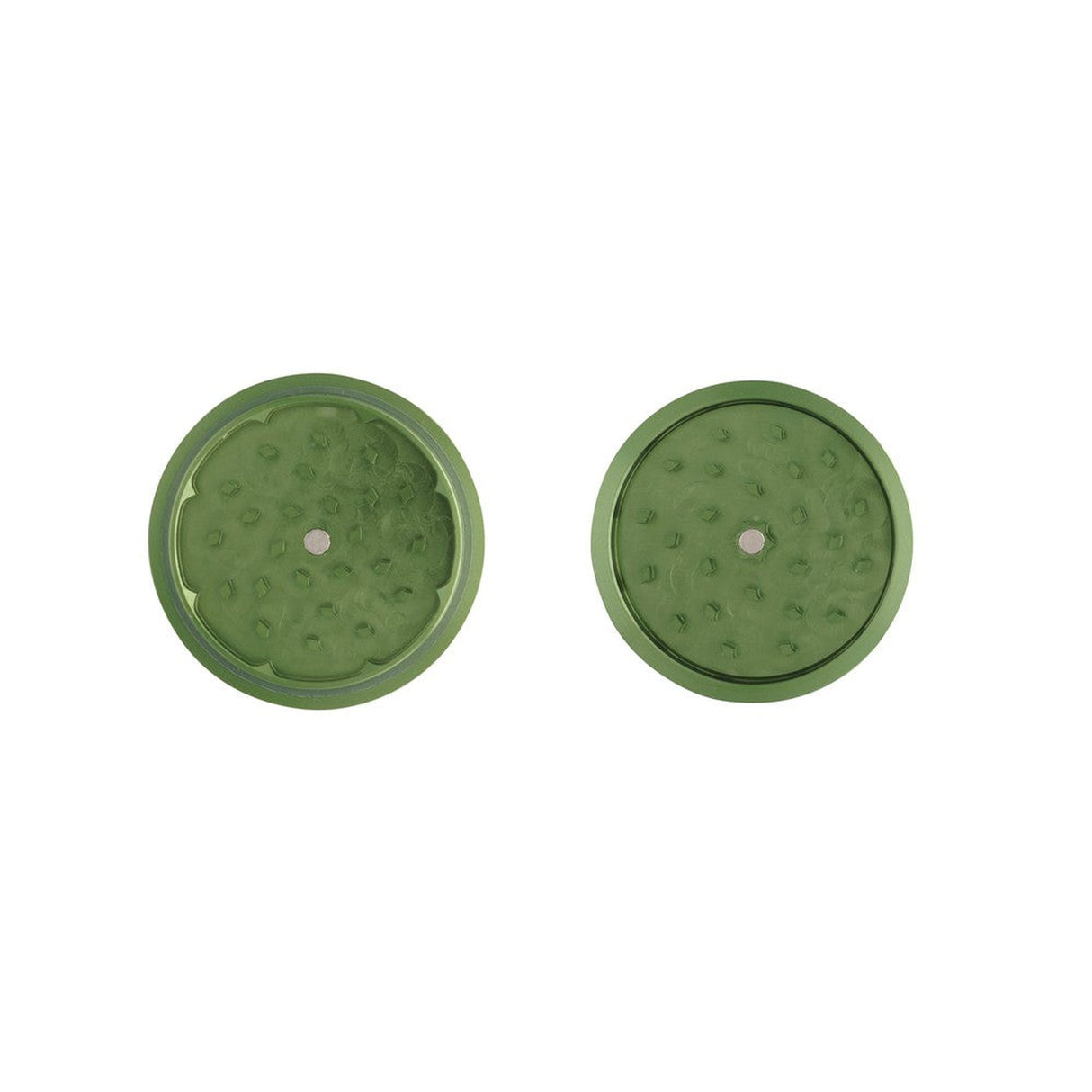 2pcs Metal 3 Magnetic Grinder, featuring a green circular design with a silver center, showcasing deep chambers and triangular teeth for efficient herb grinding.