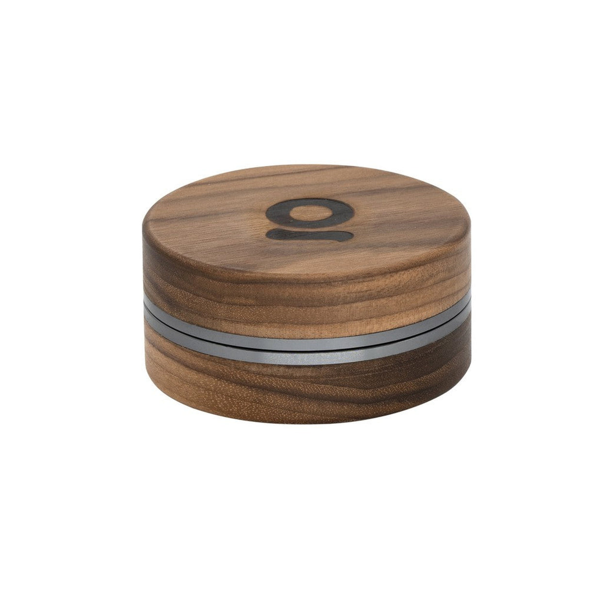 2pcs Metal 3 Magnetic Grinder, round wooden container with silver band, featuring a secure magnetic lid and deep chambers for efficient herb grinding and storage.