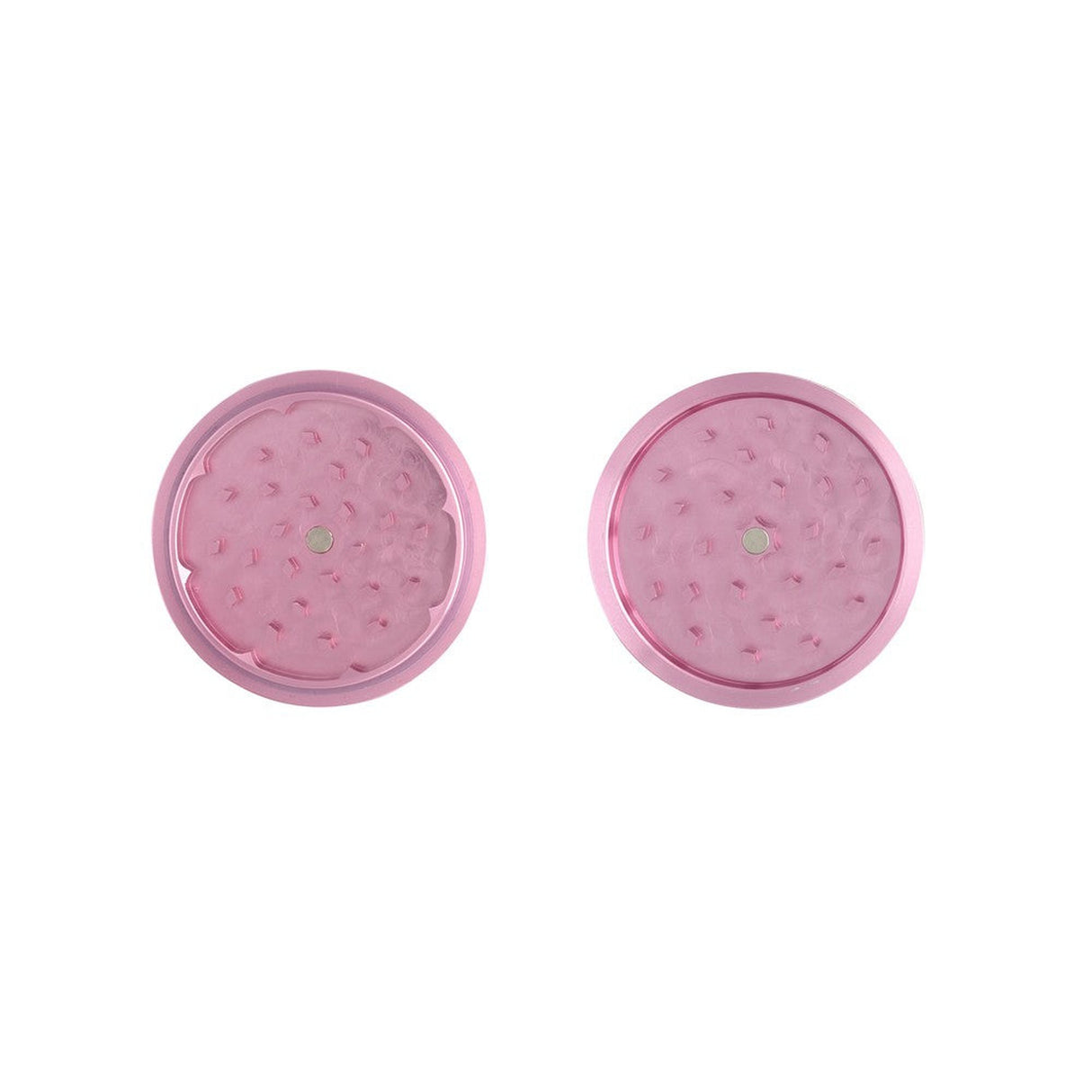 2pcs Metal 3 Magnetic Grinder featuring a pink circular design with holes, showcasing its heavy-duty build and deep chambers for efficient herb grinding.