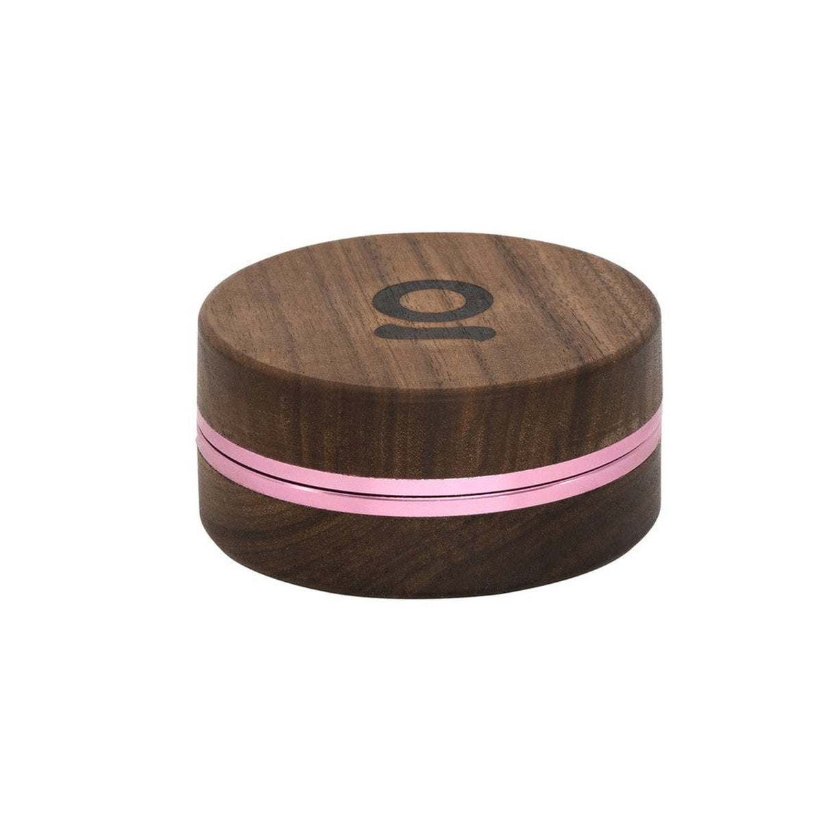 2pcs Metal 3 Magnetic Grinder with a round wooden design and pink stripe, featuring deep chambers and triangular teeth for efficient herb grinding.