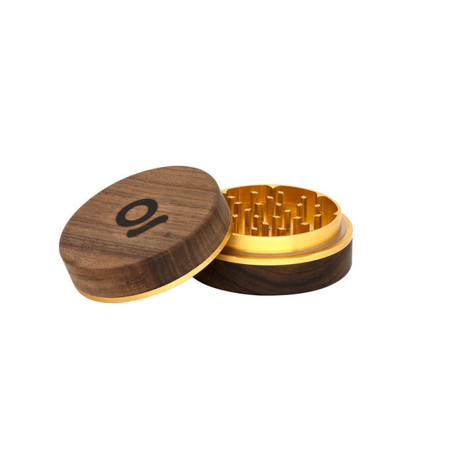 2pcs Metal 3 Magnetic Grinder featuring wooden and gold design with deep chambers, sleek gold accents, and triangular teeth for efficient herb grinding.