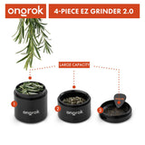 4pcs Aluminum 2.6 EZ Grinder with deep chambers for storage, featuring triangular teeth for efficient herb grinding, includes guitar pick scoop and brush for easy maintenance.