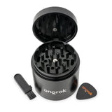 4pcs Aluminum 2.6 EZ Grinder with a black cylindrical design, featuring a brush, pick, and triangular teeth for efficient herb grinding and storage.