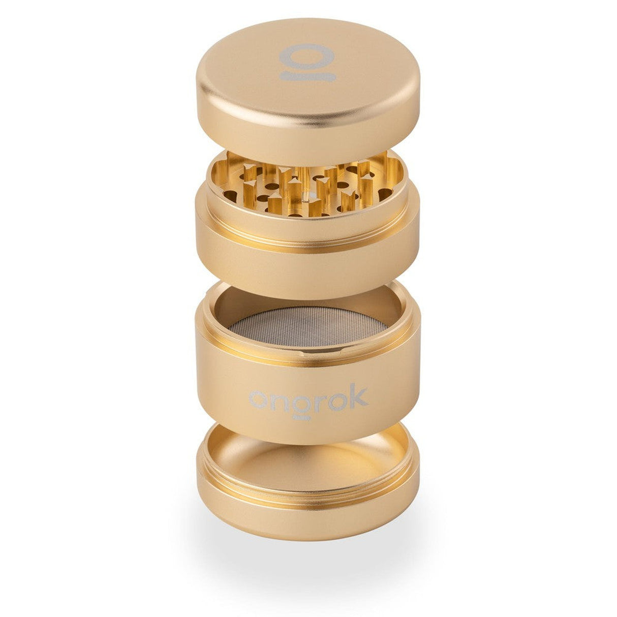 4pcs Aluminum 2.6 EZ Grinder with gold metal finish, featuring triangular teeth, deep chambers, and a magnetic lid for secure herb grinding and storage.