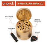 4pcs Aluminum 2.6 EZ Grinder with triangular teeth, deep chambers, magnetic lid, includes a brush and guitar pick for easy herb grinding and storage.