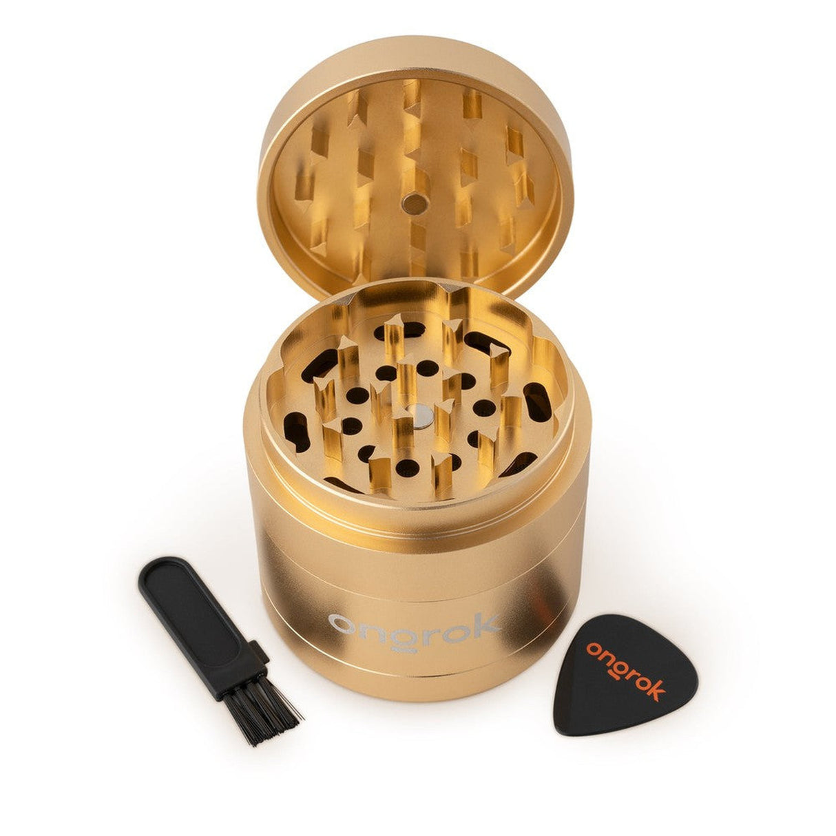 4pcs Aluminum 2.6 EZ Grinder with triangular teeth, guitar pick scoop, and brush, showcasing its deep chambers and portable design for effortless herb grinding.