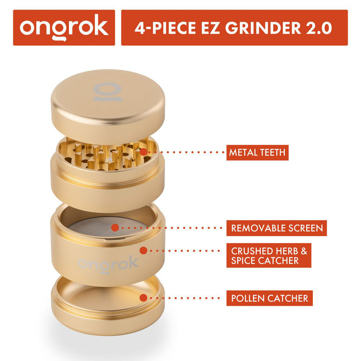 4pcs Aluminum 2.6 EZ Grinder with a gold finish, featuring a metal lid, triangular teeth, and deep chambers for grinding and storing herbs.